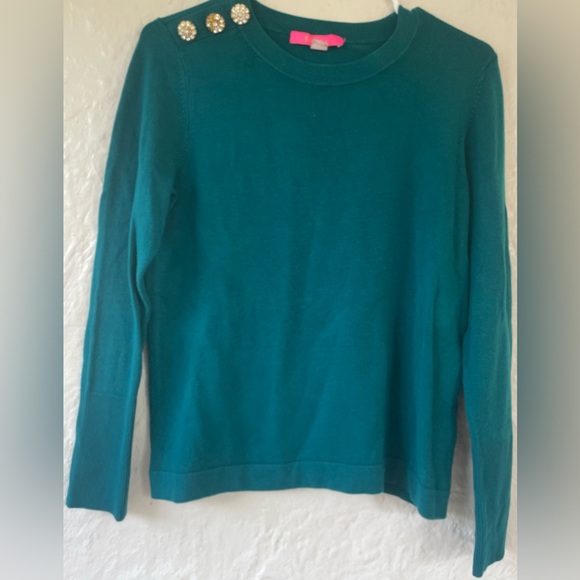 Lily Pulitzer green/blue crewneck pullover sweater, gold jeweled shoulder; M - Picture 1 of 8